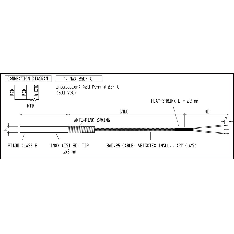 PTS-1B-6X050-A03 TEMP. SENS. PT100B, Ø6x50MM, AISI304